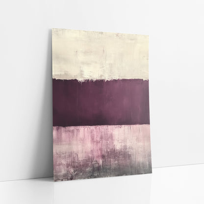 Plum Mauve Cream Abstract Color Field art print leaning against a white wall – abstract artwork with a cream band, a deep