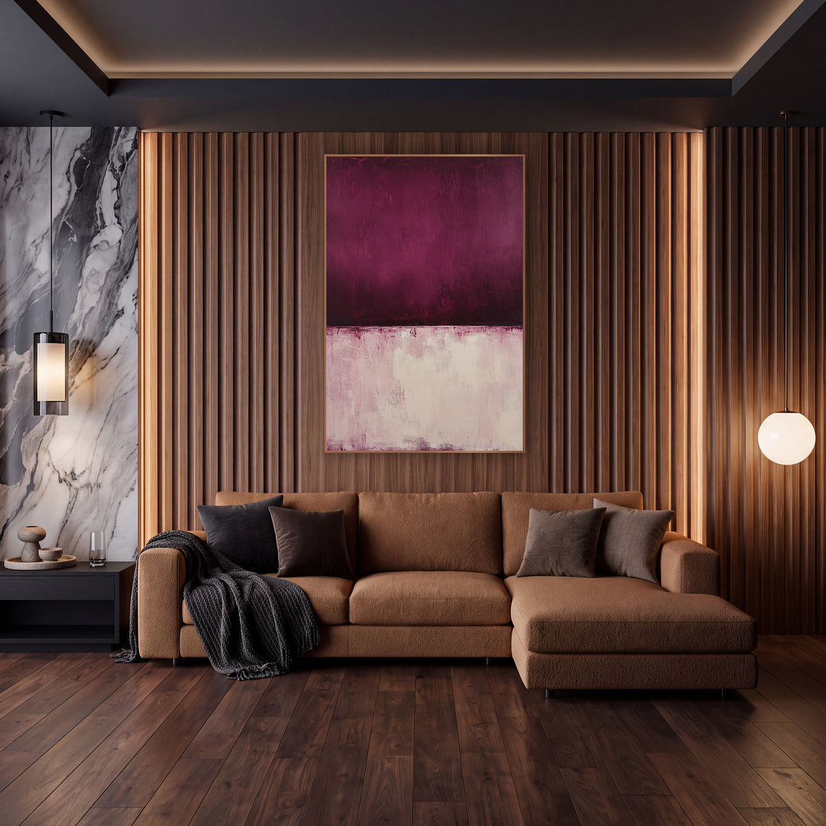 Burgundy Blush Color Field Abstract wall art in an elegant modern room – abstract color field artwork with a deep
