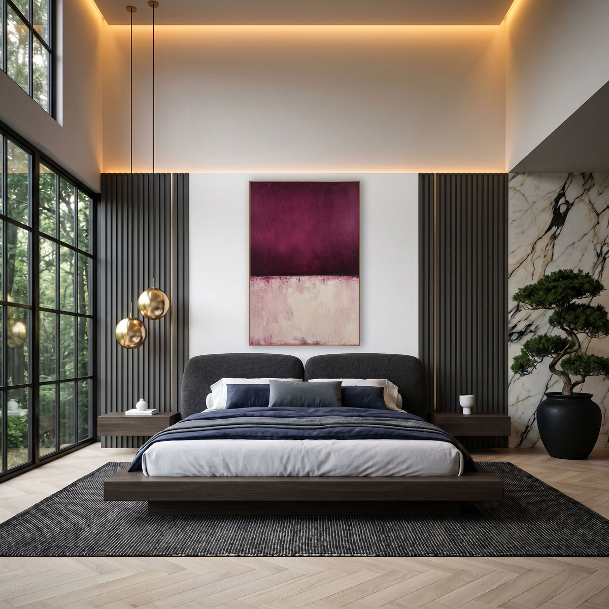 Burgundy Blush Color Field Abstract wall art in an elegant modern room – abstract color field artwork with a deep