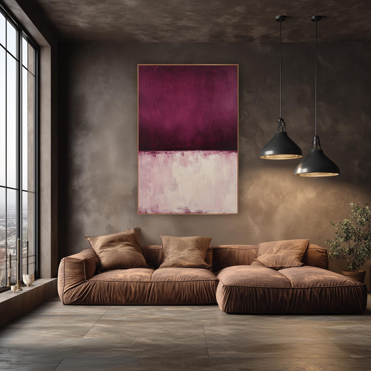 Burgundy Blush Color Field Abstract wall art in an elegant modern room – abstract color field artwork with a deep