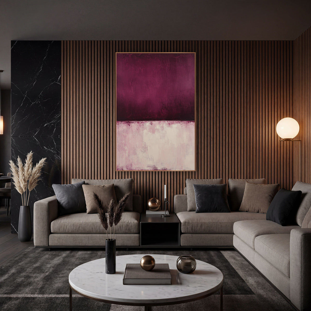 Burgundy Blush Color Field Abstract wall art in an elegant modern room – abstract color field artwork with a deep