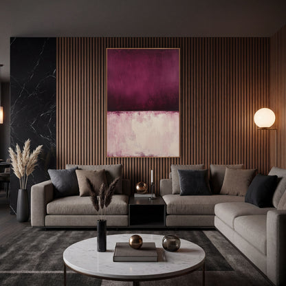 Burgundy Blush Color Field Abstract wall art in an elegant modern room – abstract color field artwork with a deep
