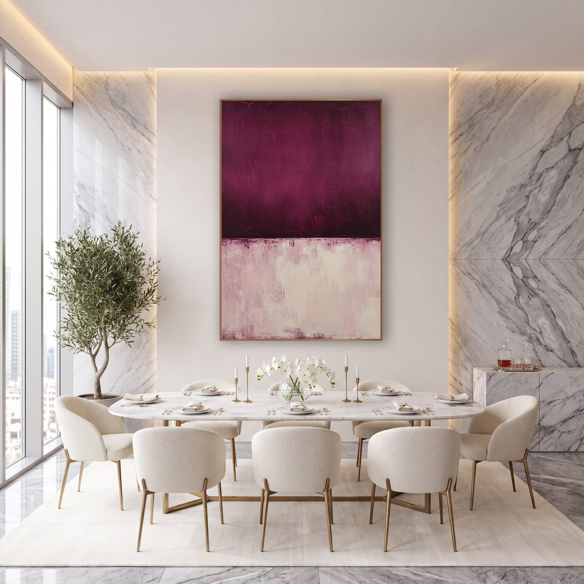 Burgundy Blush Color Field Abstract wall art in an elegant modern room – abstract color field artwork with a deep