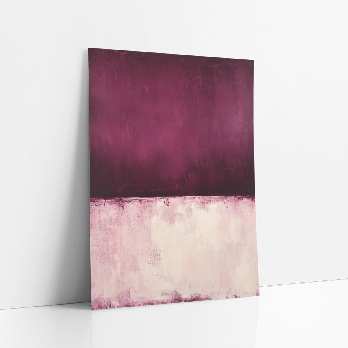 Burgundy Blush Color Field Abstract art print leaning against a white wall – abstract color field artwork with a deep