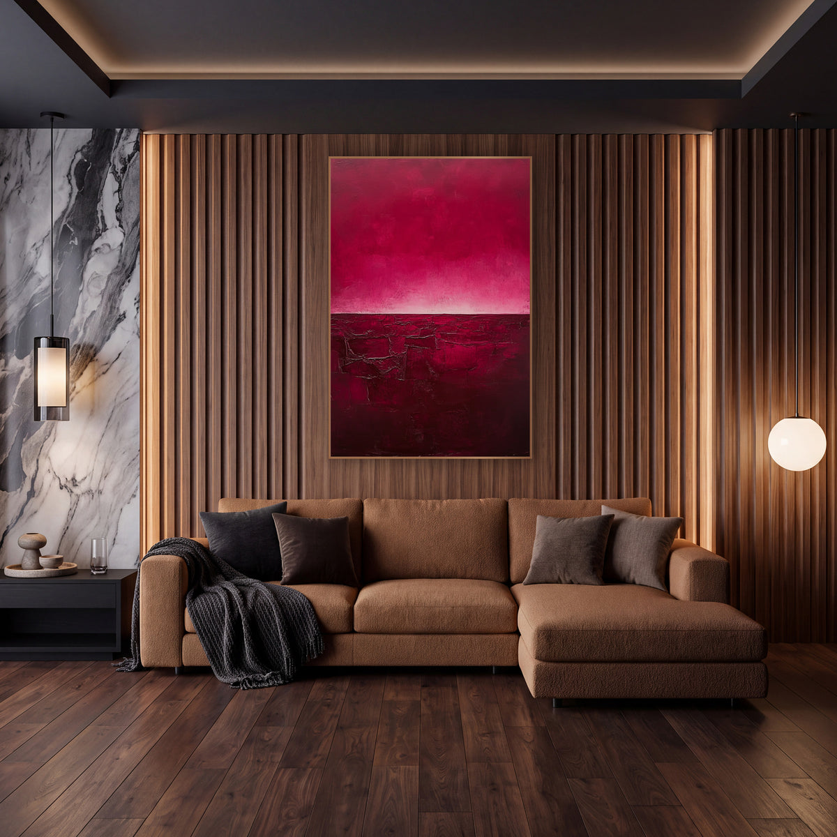 Crimson Cracked Earth Abstract wall art in an elegant modern room – abstract landscape with a magenta sky glowing pale