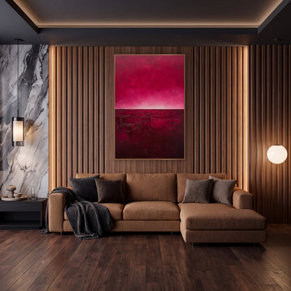 Crimson Cracked Earth Abstract wall art in an elegant modern room – abstract landscape with a magenta sky glowing pale
