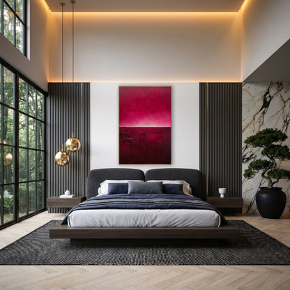 Crimson Cracked Earth Abstract wall art in an elegant modern room – abstract landscape with a magenta sky glowing pale