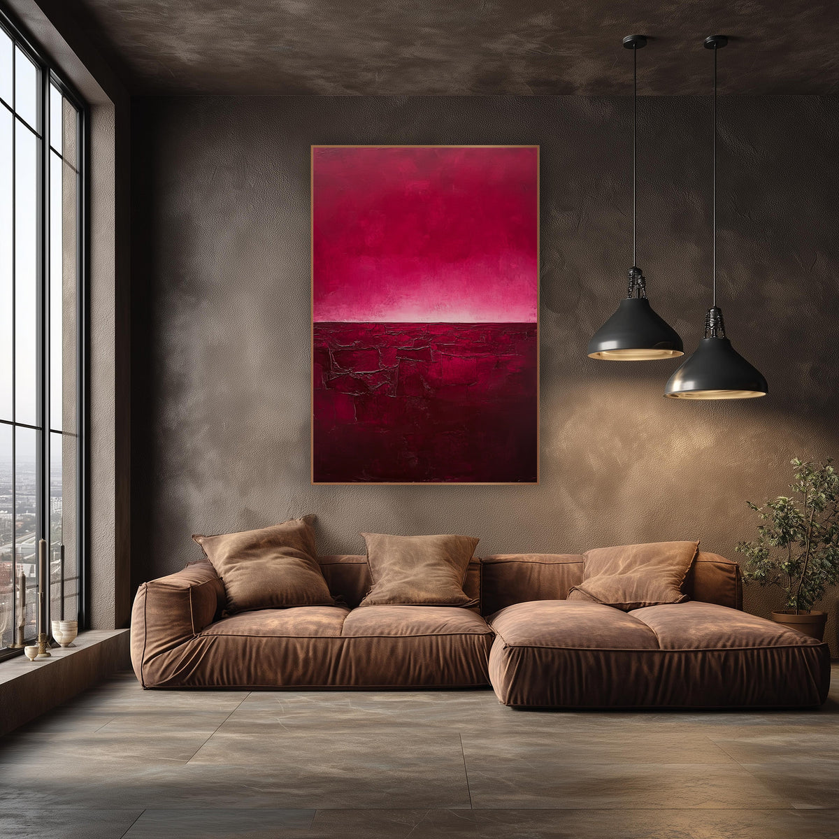 Crimson Cracked Earth Abstract wall art in an elegant modern room – abstract landscape with a magenta sky glowing pale