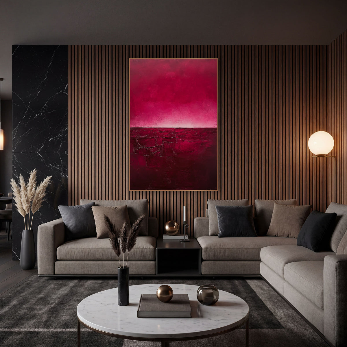 Crimson Cracked Earth Abstract wall art in an elegant modern room – abstract landscape with a magenta sky glowing pale