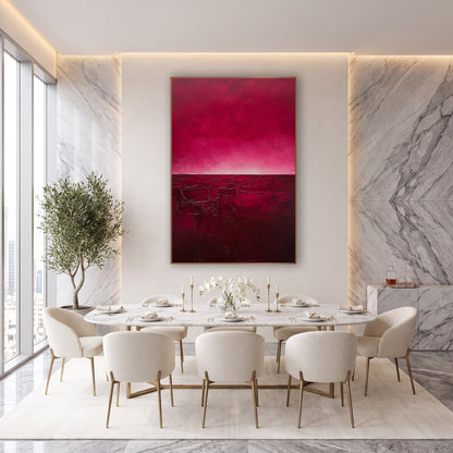 Crimson Cracked Earth Abstract wall art in an elegant modern room – abstract landscape with a magenta sky glowing pale