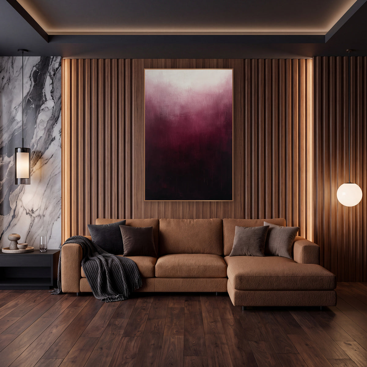Burgundy Ombre Haze Abstract wall art in an elegant modern room – abstract burgundy ombre artwork with a cream glow