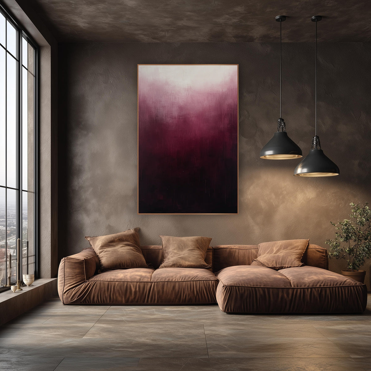 Burgundy Ombre Haze Abstract wall art in an elegant modern room – abstract burgundy ombre artwork with a cream glow