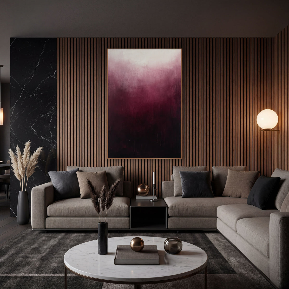 Burgundy Ombre Haze Abstract wall art in an elegant modern room – abstract burgundy ombre artwork with a cream glow