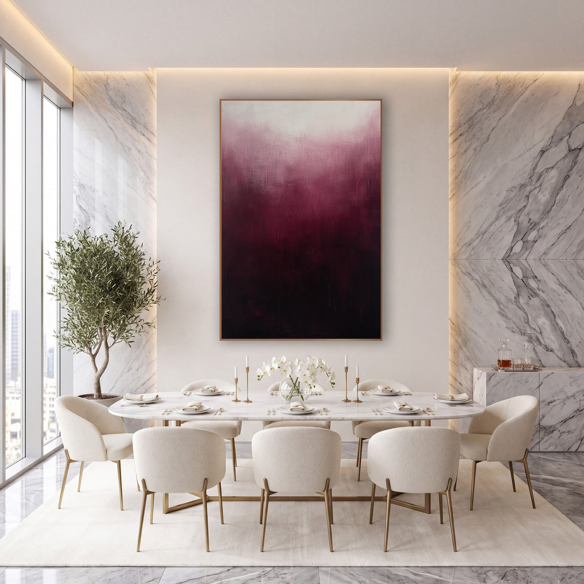 Burgundy Ombre Haze Abstract wall art in an elegant modern room – abstract burgundy ombre artwork with a cream glow