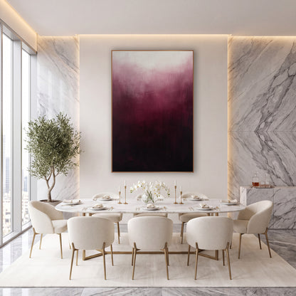 Burgundy Ombre Haze Abstract wall art in an elegant modern room – abstract burgundy ombre artwork with a cream glow