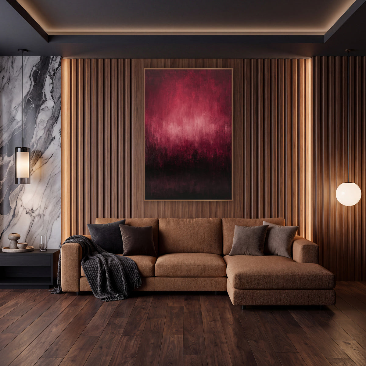 Burgundy Haze Abstract Landscape wall art in an elegant modern room – abstract artwork of a pink glow in a burgundy