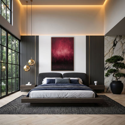 Burgundy Haze Abstract Landscape wall art in an elegant modern room – abstract artwork of a pink glow in a burgundy