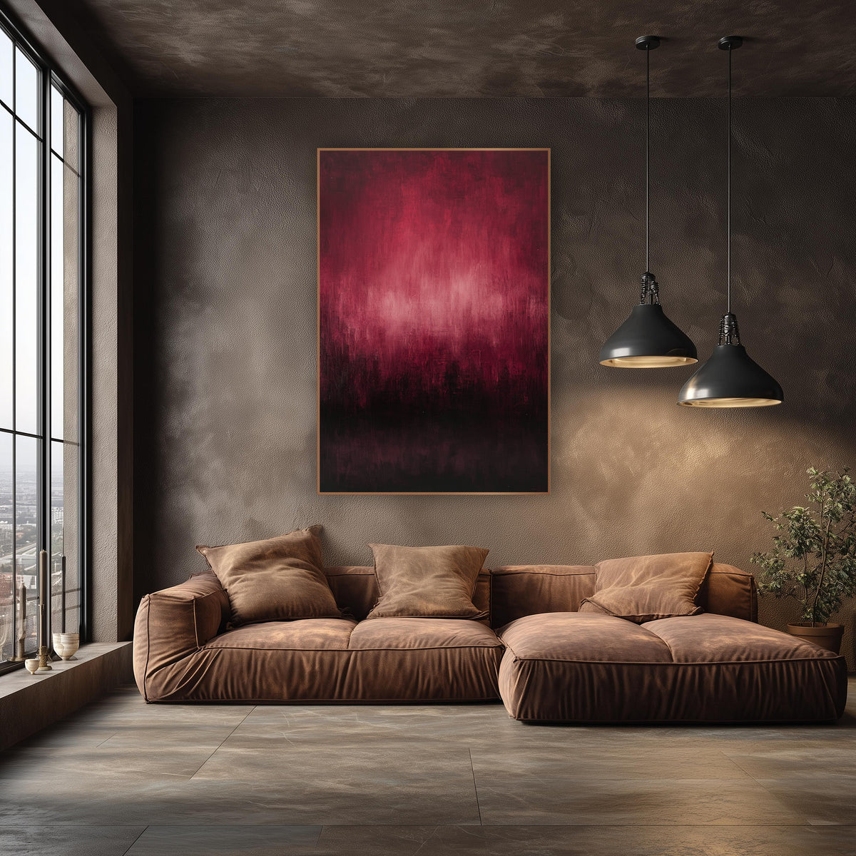 Burgundy Haze Abstract Landscape wall art in an elegant modern room – abstract artwork of a pink glow in a burgundy