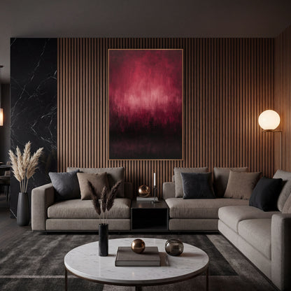 Burgundy Haze Abstract Landscape wall art in an elegant modern room – abstract artwork of a pink glow in a burgundy
