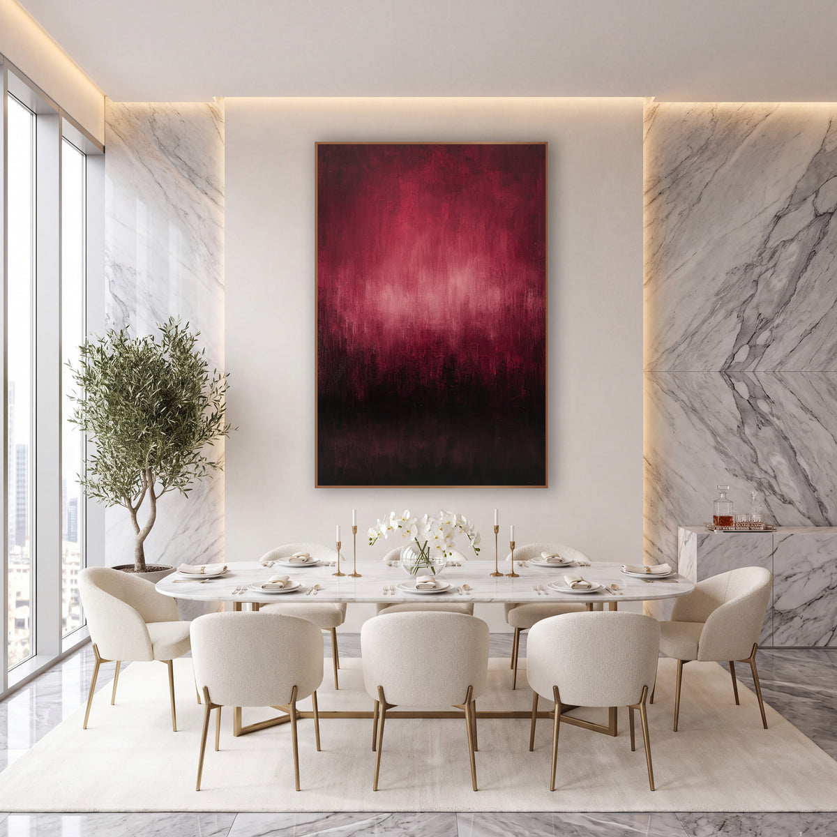 Burgundy Haze Abstract Landscape wall art in an elegant modern room – abstract artwork of a pink glow in a burgundy
