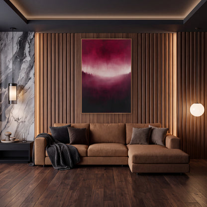 Burgundy Glow Abstract Landscape wall art in an elegant modern room – abstract burgundy landscape with a pale pink