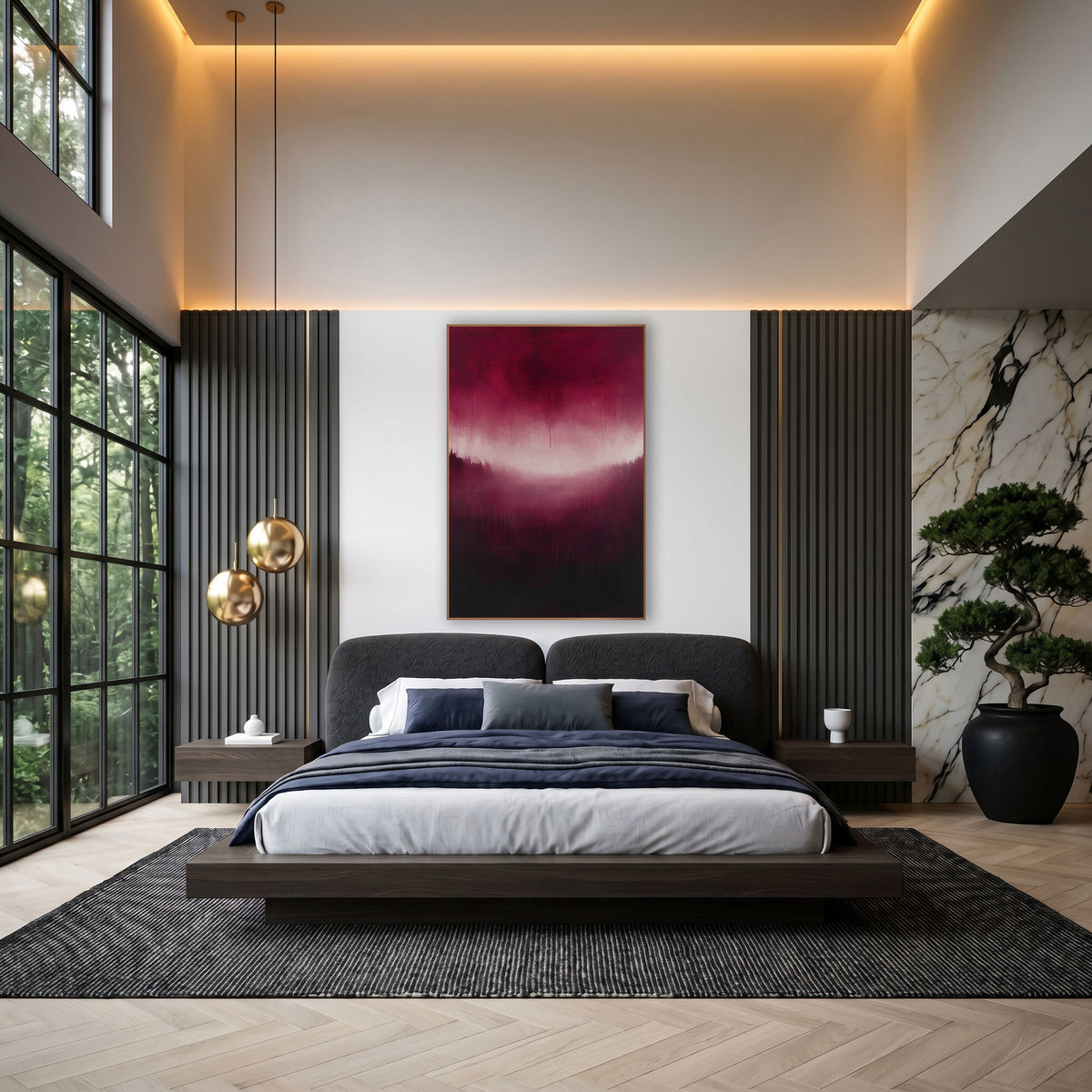 Burgundy Glow Abstract Landscape wall art in an elegant modern room – abstract burgundy landscape with a pale pink