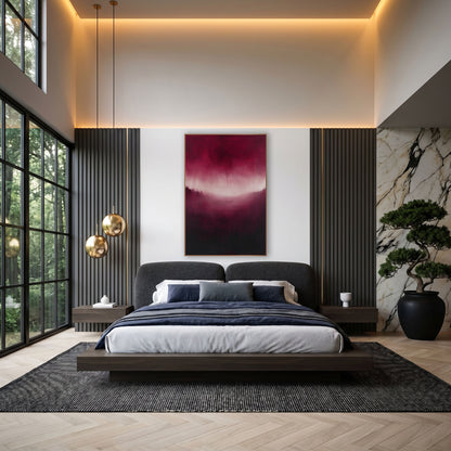 Burgundy Glow Abstract Landscape wall art in an elegant modern room – abstract burgundy landscape with a pale pink