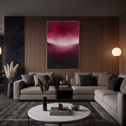 Burgundy Glow Abstract Landscape wall art in an elegant modern room – abstract burgundy landscape with a pale pink
