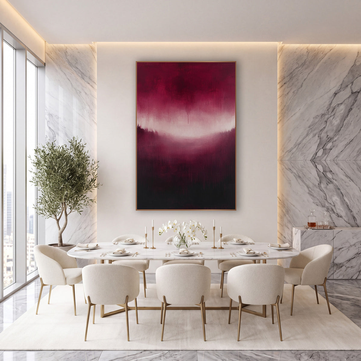 Burgundy Glow Abstract Landscape wall art in an elegant modern room – abstract burgundy landscape with a pale pink