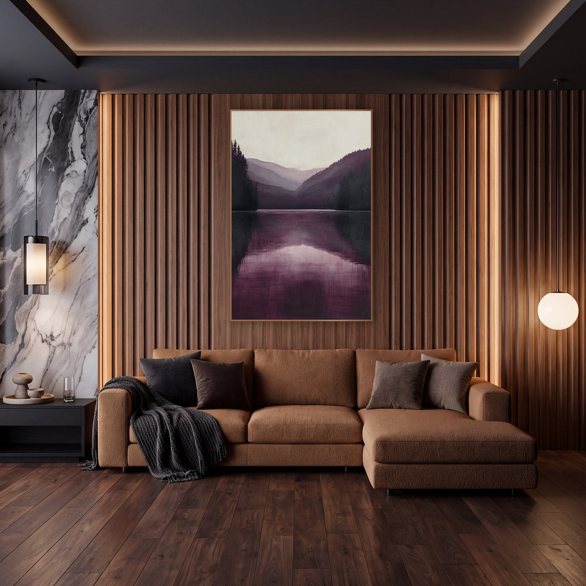 Burgundy Alpine Mirror Valley Landscape wall art in an elegant modern room – still mountain lake in burgundy and plum