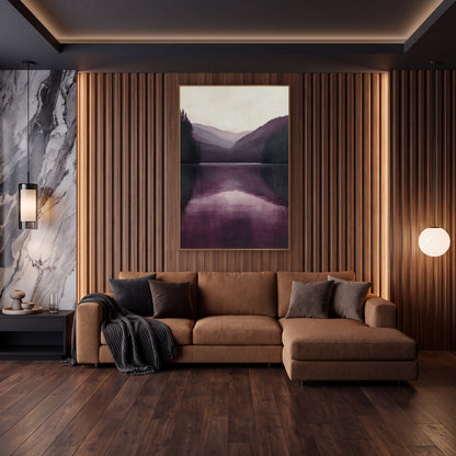Burgundy Alpine Mirror Valley Landscape wall art in an elegant modern room – still mountain lake in burgundy and plum