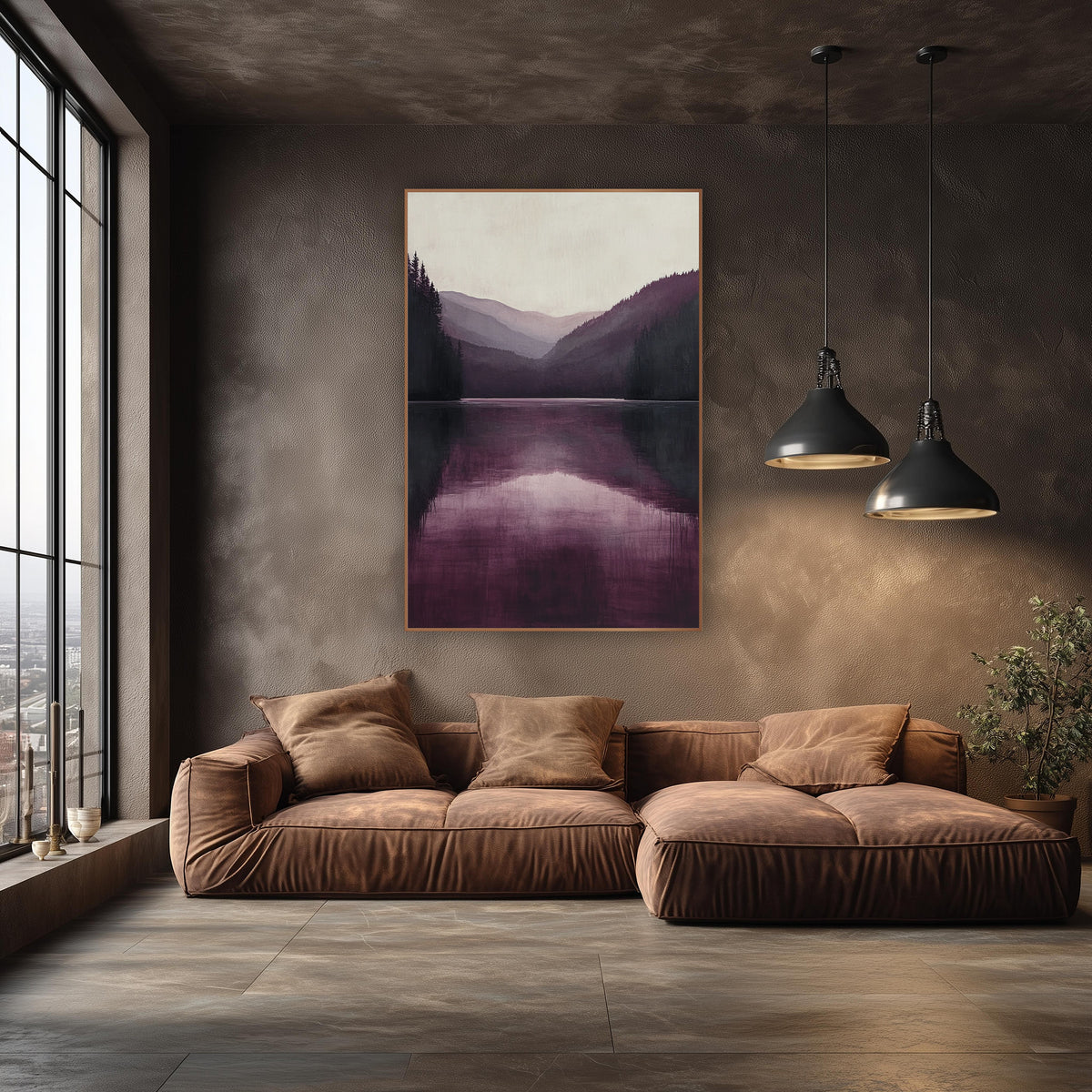 Burgundy Alpine Mirror Valley Landscape wall art in an elegant modern room – still mountain lake in burgundy and plum