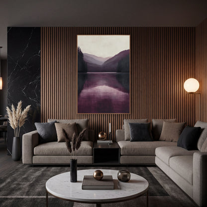 Burgundy Alpine Mirror Valley Landscape wall art in an elegant modern room – still mountain lake in burgundy and plum