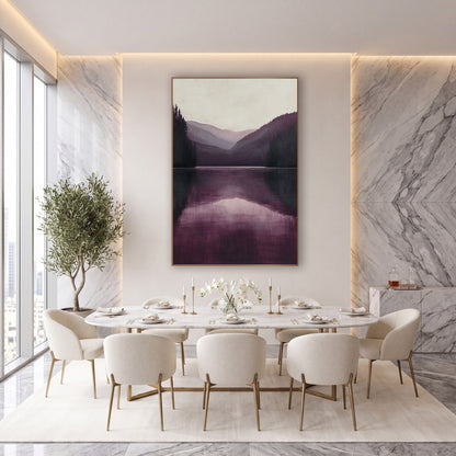 Burgundy Alpine Mirror Valley Landscape wall art in an elegant modern room – still mountain lake in burgundy and plum