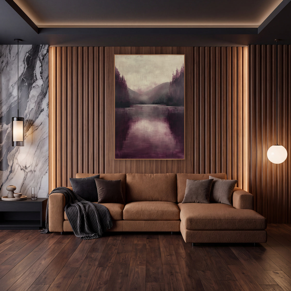 Plum Pine Lake Mist Luxe wall art in an elegant modern room – still lake in burgundy and plum tones with dark