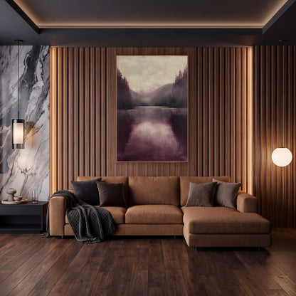 Plum Pine Lake Mist Luxe wall art in an elegant modern room – still lake in burgundy and plum tones with dark
