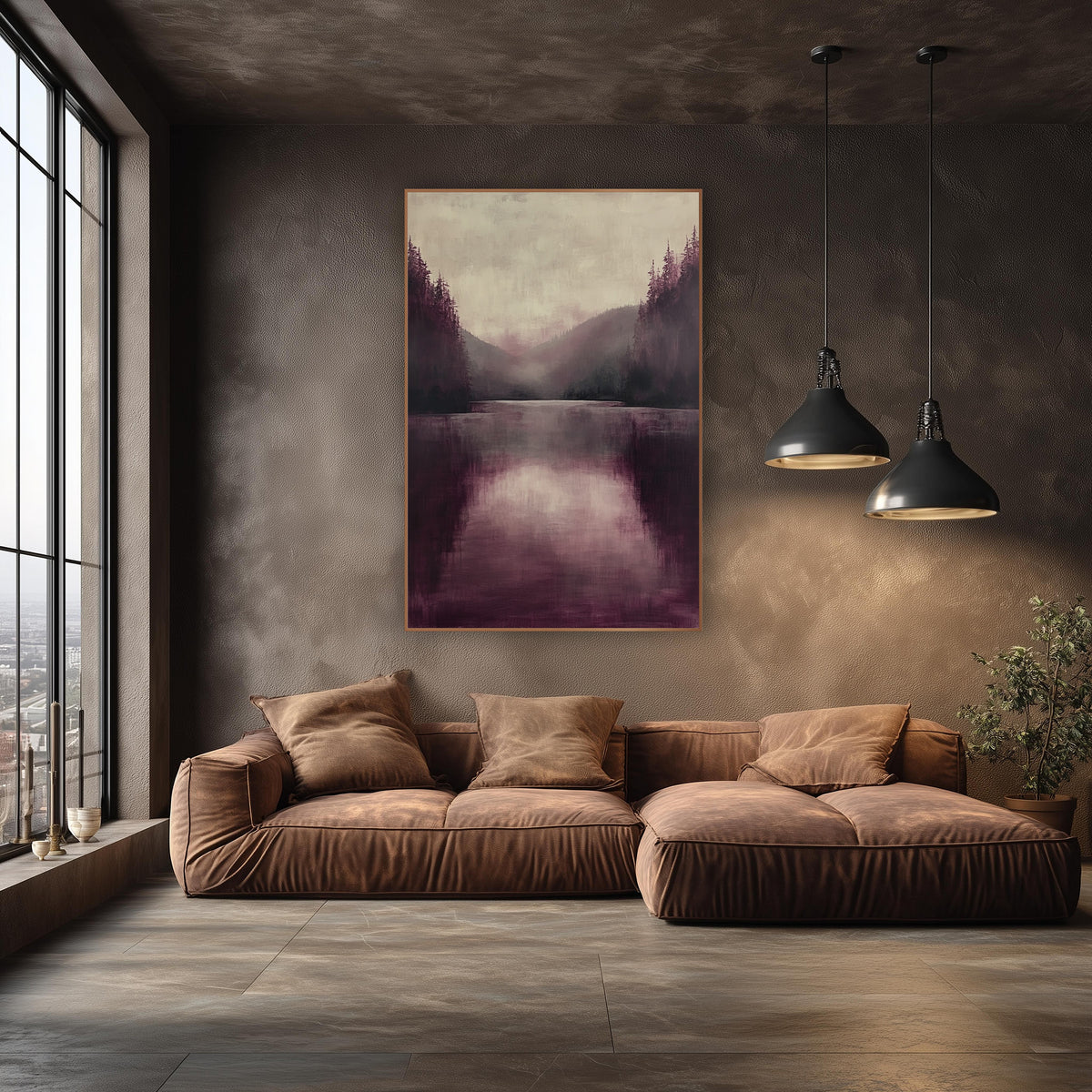 Plum Pine Lake Mist Luxe wall art in an elegant modern room – still lake in burgundy and plum tones with dark