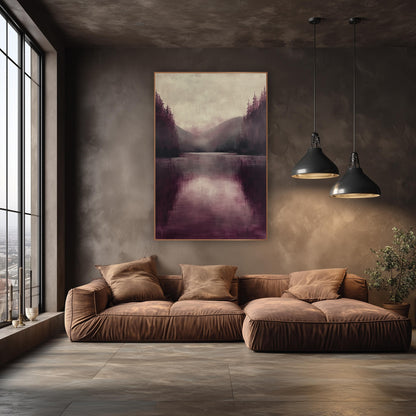 Plum Pine Lake Mist Luxe wall art in an elegant modern room – still lake in burgundy and plum tones with dark