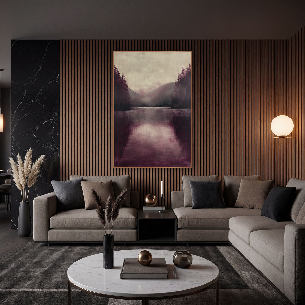 Plum Pine Lake Mist Luxe wall art in an elegant modern room – still lake in burgundy and plum tones with dark