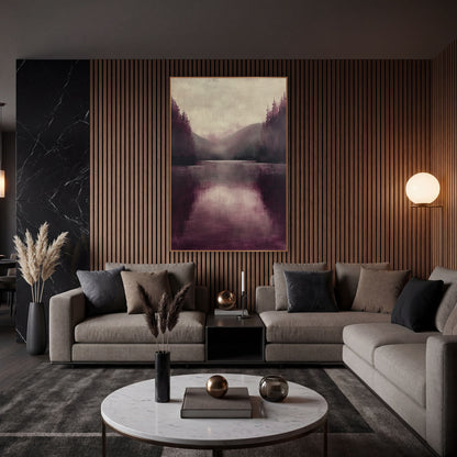 Plum Pine Lake Mist Luxe wall art in an elegant modern room – still lake in burgundy and plum tones with dark