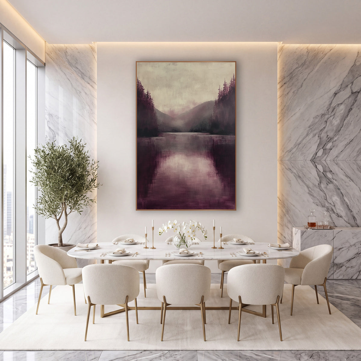 Plum Pine Lake Mist Luxe wall art in an elegant modern room – still lake in burgundy and plum tones with dark