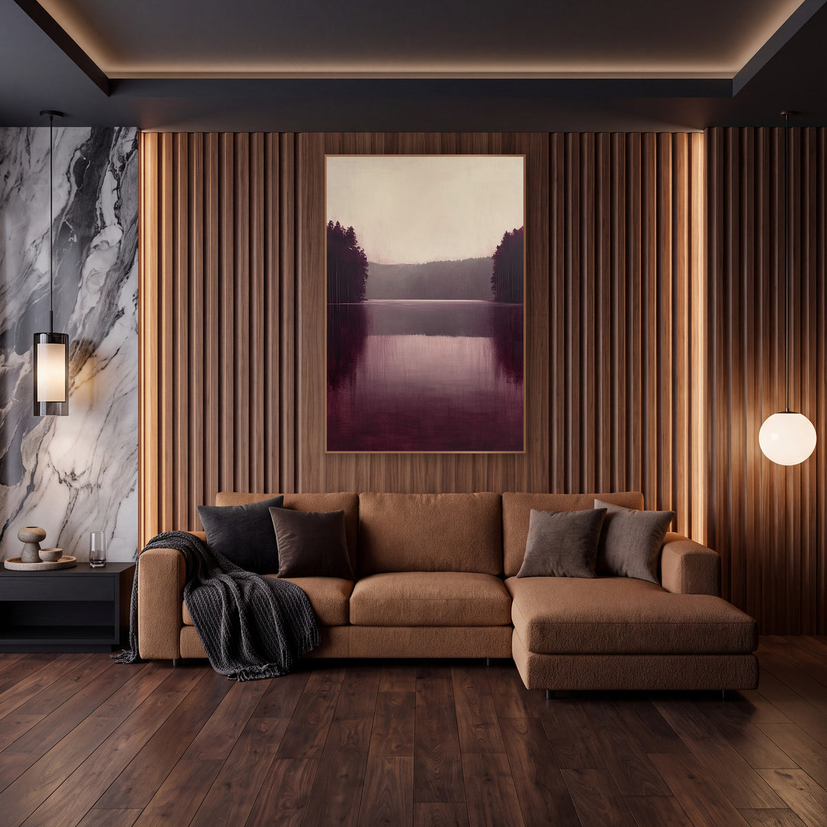 Burgundy Twin Treelines Calm Lake wall art in an elegant modern room – still lake in burgundy and plum with dark
