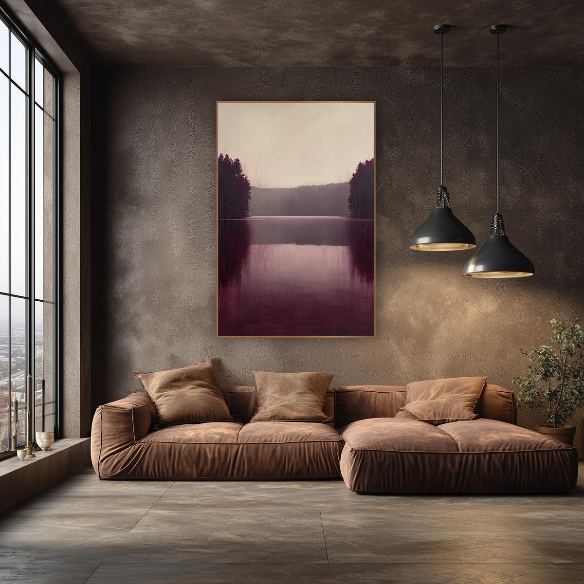 Burgundy Twin Treelines Calm Lake wall art in an elegant modern room – still lake in burgundy and plum with dark