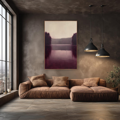 Burgundy Twin Treelines Calm Lake wall art in an elegant modern room – still lake in burgundy and plum with dark