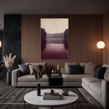 Burgundy Twin Treelines Calm Lake wall art in an elegant modern room – still lake in burgundy and plum with dark