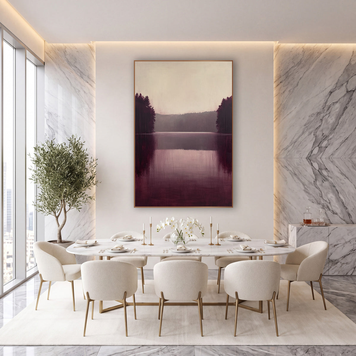 Burgundy Twin Treelines Calm Lake wall art in an elegant modern room – still lake in burgundy and plum with dark