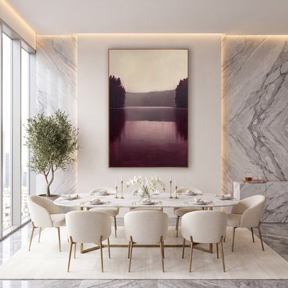 Burgundy Twin Treelines Calm Lake wall art in an elegant modern room – still lake in burgundy and plum with dark