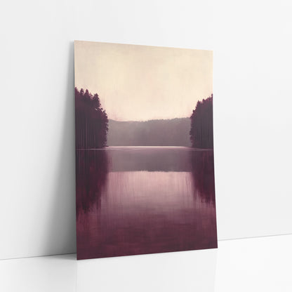Burgundy Twin Treelines Calm Lake art print leaning against a white wall – still lake in burgundy and plum with dark