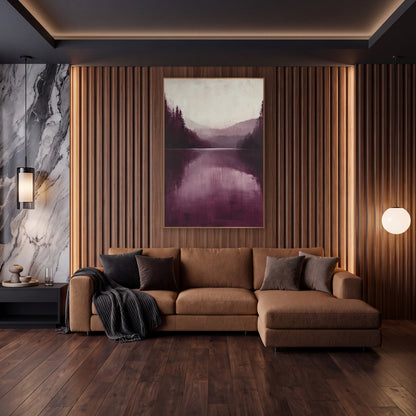 Burgundy Ridge Reflection Lake Study wall art in an elegant modern room – burgundy and plum lake landscape with dark