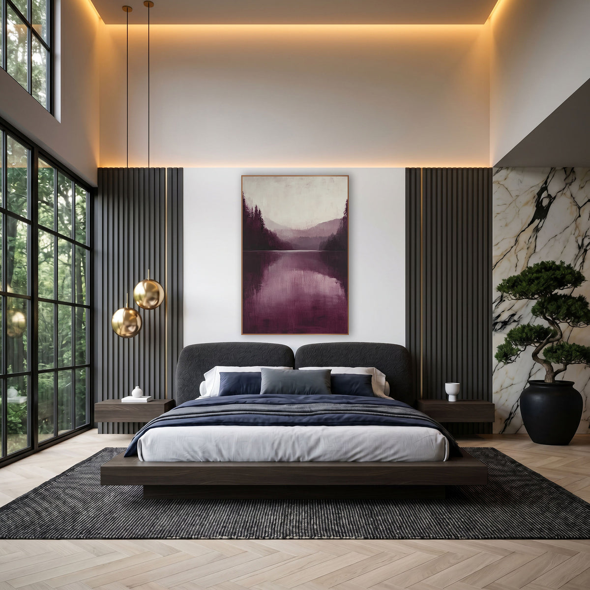 Burgundy Ridge Reflection Lake Study wall art in an elegant modern room – burgundy and plum lake landscape with dark